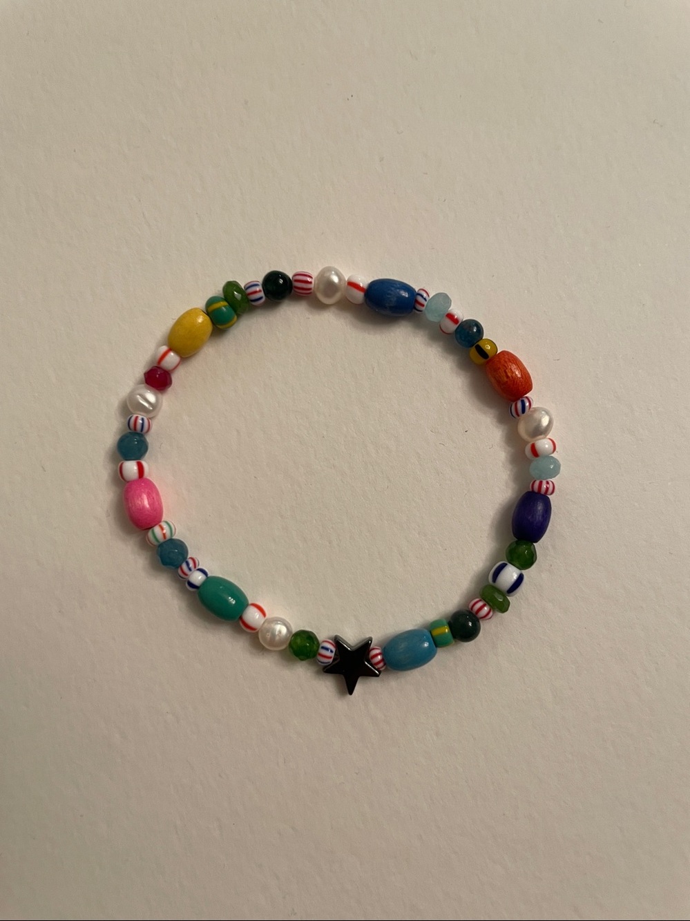 Pearl gemstone wood and vintage glass Multicolor Beaded Stretch Bracelet